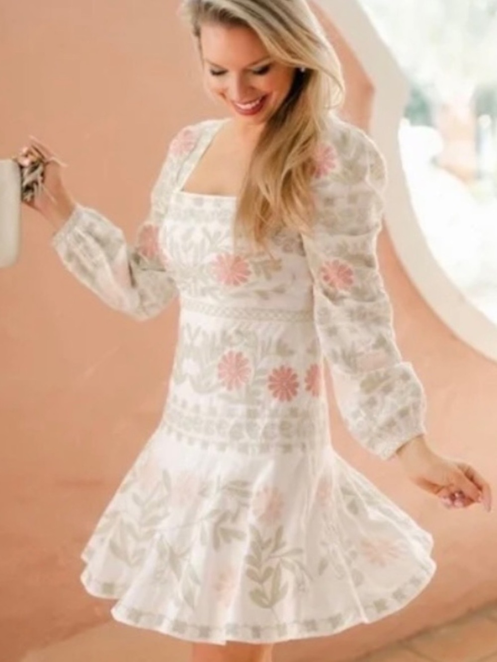ANTONIO MELANI Cream Floral Mini Dress with Pink Accents